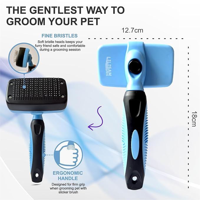 Pet Self Cleaning Slicker Brush and Grooming Comb - Gently Removes Loose Hair, Tangles, and Dirt - Skin Friendly Deshedding Grooming Tool for Hair Dogs &amp; Cats - Pet Supplies Accessories (Blue)