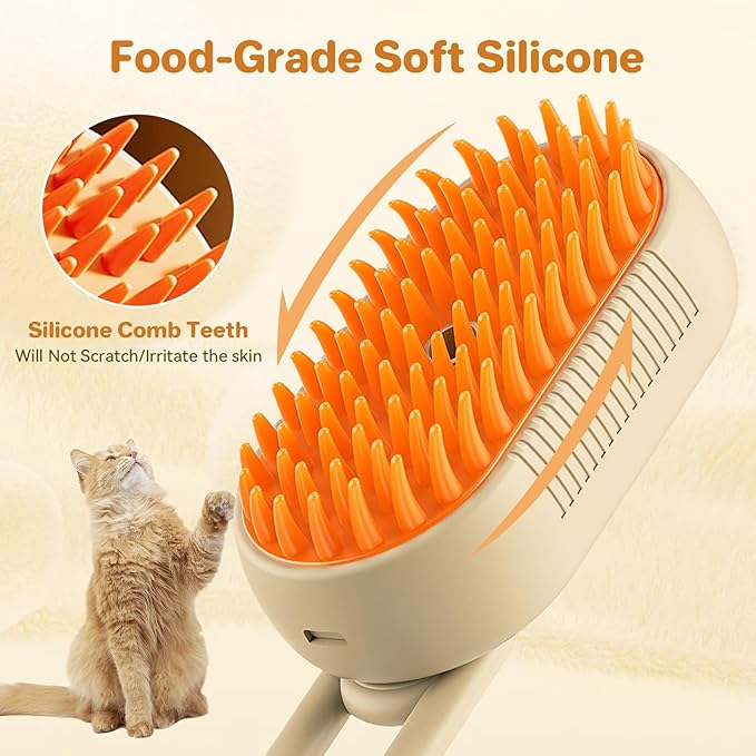 LunaSync Cat Steam Brush for Shedding, 4 in 1 Rechargeable Pet Grooming Brush for Cats and Dogs, Anti-Static Deshedding Tool with Massage &amp; Cleaning, Comb for Long Short Hair - Beige