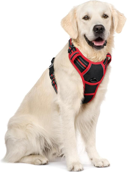 rabbitgoo Dog Harness No Pull with 2 Leash Clips, Adjustable Soft Padded, Reflective Oxford No Choke Pet Vest with Easy Control Handle for Large Dogs, Black &amp; Red, XL