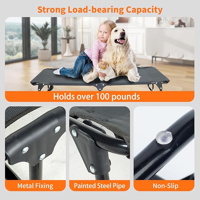 Elevated Dog Bed for Large Pet with No-Slip Feet, Foldable Portable Washable Raised Bed for Indoor&amp;Outdoor Camping Dog Cot, with Cooling Waterproof Breathable Mesh (Medium, Black-Textilene)