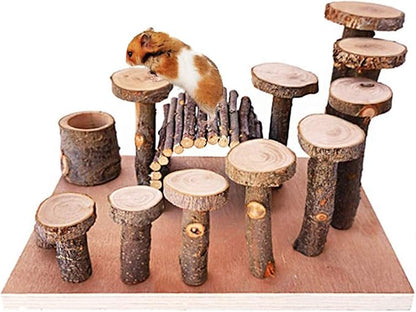 Wooden Chinchilla Platform Toy - Activity Playground Stand Ladder Hideout Set Bridge Ramps Chew Toys for Mouse, Dwarf Hamster, Gerbil, Rat, Sugar Glider, Syrian Hamster, Small Animals