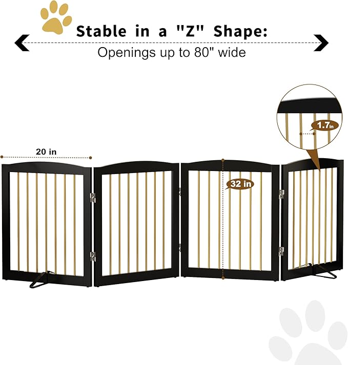 Freestanding Pet Gate for Dogs, Foldable Wooden Dog Gate for House, Indoor Dog Gate for Stairs, Doorways, Step Over Pet Puppy Safety Fence, 80 Inch Wide, 4 Panels 24", Black &amp; Gold