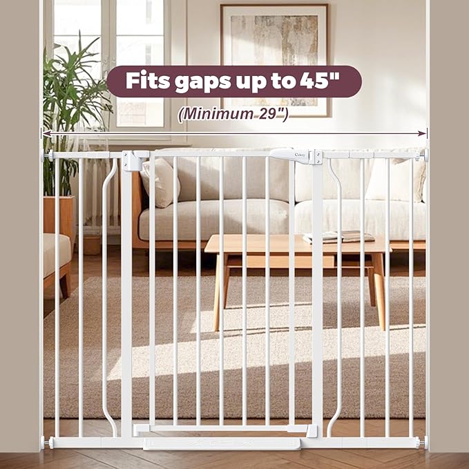 29"-45" Baby Gate for Stairs, Auto Close Stroller Friendly Dog Gate Indoor for Doorways, Pressure Mounted Baby Gate, Easy Walk Through Gate for Children &amp; Pets, White