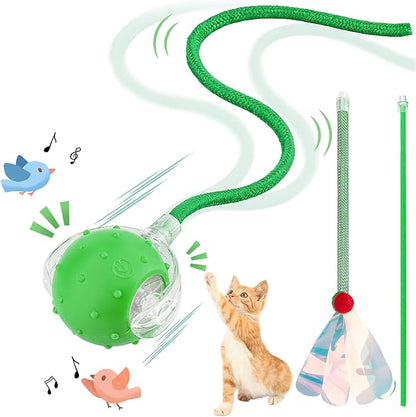 Interactive Cat Toys Ball for Indoor Cats, Automatic Agile Rolling Cat Ball with Elastic Mesh Tail, Bird Chirping &amp; Motion Activated, 2 Tail Accessories, Kitten Toy for Bored (Green)