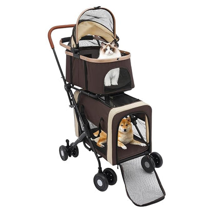 Double Pet Stroller with Detachable Carriers, Large Cat &amp; Dog Stroller with 4 Wheels, Foldable Pet Strollers Small &amp; Medium Dogs Cats 77lbs (Coffee Color)