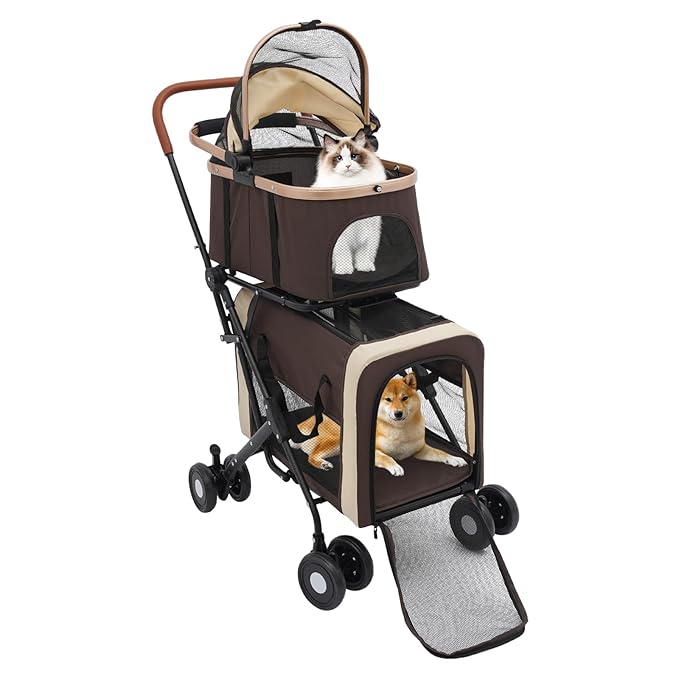 2-Layers Pet Stroller for 2 Cats/Dogs,Foldable Lightweight 77lbs Capacity Carrier, 4 Wheels, Removable Basket &amp; Storage Pocket,for Small Pets (Coffee)