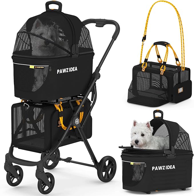PAWZIDEA Double Pet Stroller with 2 Detachable Carriers, Portable Dog Crate for Car Travel &amp; TSA-Approved Expandable Cat Carrier, Foldable Lightweight Jogger Stroller for 2–4 Cats or Small/Medium Dogs