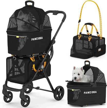 PAWZIDEA Double Pet Stroller with 2 Detachable Carriers, Portable Dog Crate for Car Travel &amp; TSA-Approved Expandable Cat Carrier, Foldable Lightweight Jogger Stroller for 2–4 Cats or Small/Medium Dogs
