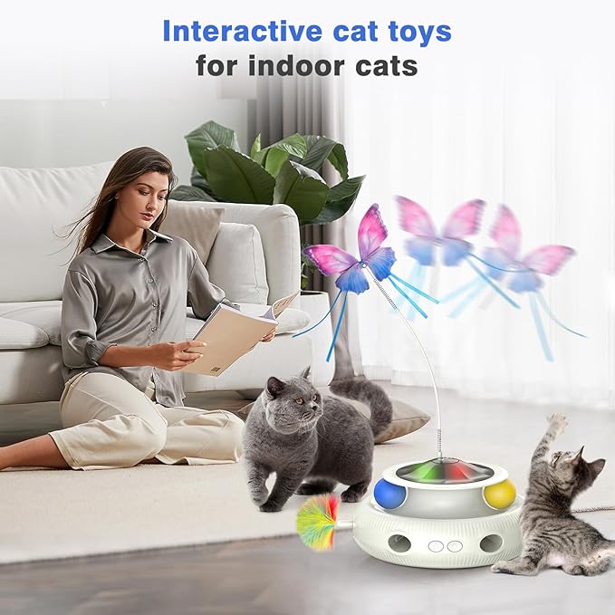 Automatic Interactive Cat Toys for Indoor Cats &amp; Bored Adults - Kitten Toys with Fluttering Butterfly, Ambush Feather &amp; Track Balls - Exercise &amp; Stimulation for Playful Cats (Beige)