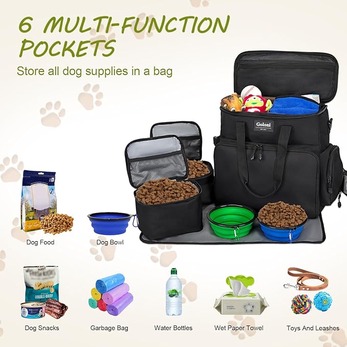 Dog Travel Bag Airline Approved–Pet Travel Tote with Collapsible Bowls,Food Containers &amp; Feeding Mat–Multi-Pocket Organizer for Dogs &amp; Cats, Durable &amp; Water-Resistant for Hiking,Trips,Outdoors