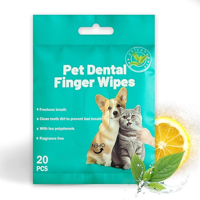 Portable Dog Teeth Dental Finger Wipes for Dogs &amp; Cats No-Rinse Dog Finger Toothbrush Dog Plaque &amp; Tartar Prevention with Brushing Beads Dog Breath Freshene 20pcs