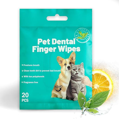 Portable Dog Teeth Dental Finger Wipes for Dogs &amp; Cats No-Rinse Dog Finger Toothbrush Dog Plaque &amp; Tartar Prevention with Brushing Beads Dog Breath Freshene 20pcs