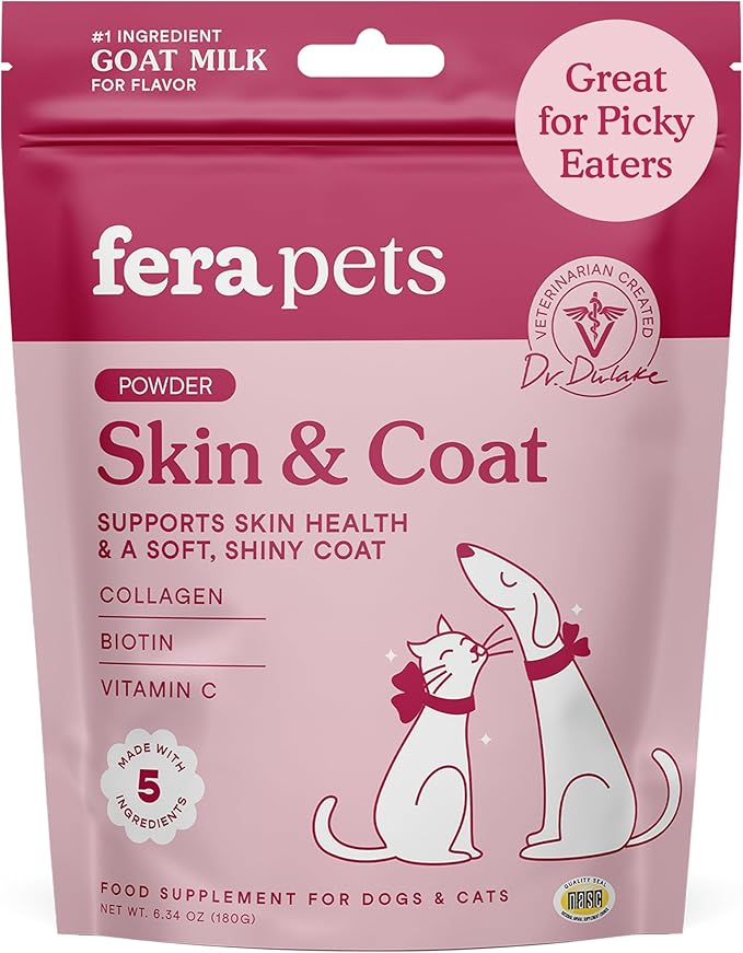 Fera Pets Goat Milk Topper - Cat &amp; Dog Skin and Coat Supplement with Collagen, Biotin &amp; Vitamin C - Helps Maintain Normal Skin Moisture - Promotes a Shiny Coat - for Picky Eaters - 60 TSP