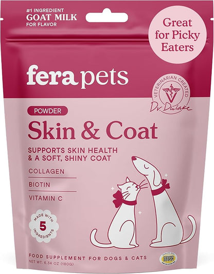 Fera Pets Goat Milk Topper - Cat &amp; Dog Skin and Coat Supplement with Collagen, Biotin &amp; Vitamin C - Helps Maintain Normal Skin Moisture - Promotes a Shiny Coat - for Picky Eaters - 60 TSP