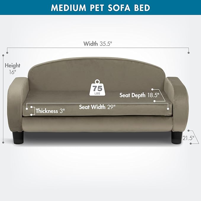 Paws &amp; Purrs Multi-Cat Sofa Elevated Pet Bed for Indoor Cats Raised Cats Couch with Removable Washable Mattress Cover for Kittens, Dogs - 35.5" Wide, Ash