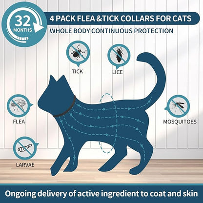 Flea and Tick Collar for Cats - 4 Pack, 32 Month Protection Treatment, Waterproof, Natural Prevention, Adjustable for Cats &amp; Kittens (Black)