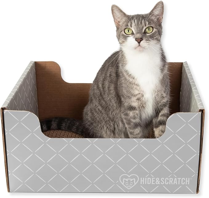 HIDE &amp; SCRATCH Cat Scratcher Box and Cat Bed with Refillable Double-Sided Cardboard Scratch Pad for Indoor Cats