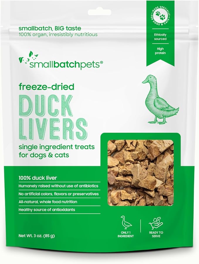 smallbatch Freeze Dried Dog Treats, Duck Liver Treats for Dogs &amp; Cats, High Protein, Single Ingredient Dog Treat for Training or Food Topper, Natural, Humanely Sourced Meat, Made in The USA, 3 oz