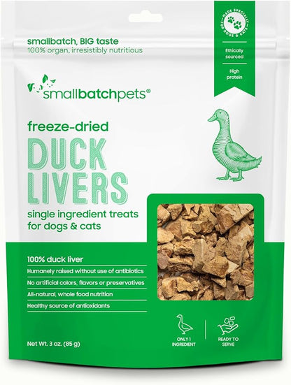 smallbatch Freeze Dried Dog Treats, Duck Liver Treats for Dogs &amp; Cats, High Protein, Single Ingredient Dog Treat for Training or Food Topper, Natural, Humanely Sourced Meat, Made in The USA, 3 oz