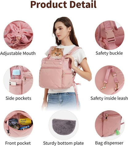 OFY Cat Carrier Puffy Backpack Breathable Small Dog Front Backpack Large Space for Small Dogs, Drawstring &amp; Water-Resisant Pet Bag for Travel Hiking, Lotus Pink Patent Pending