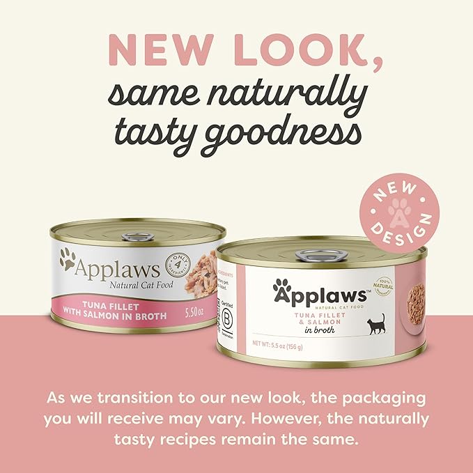 Applaws Natural Wet Cat Food in Broth, Limited Ingredient Canned Wet Cat Food, No Additives, Made with Natural Ingredients, Tuan Fillet &amp; Salmon in Broth (24 x 5.5oz Cans)