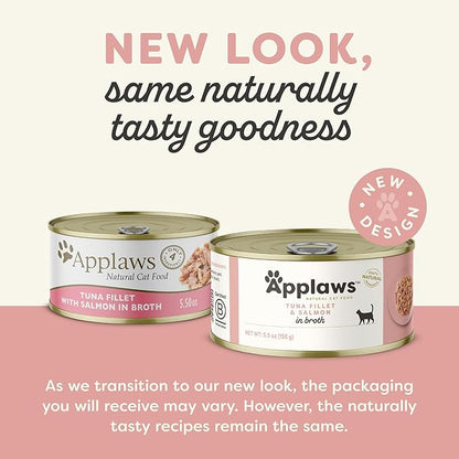 Applaws Natural Wet Cat Food in Broth, Limited Ingredient Canned Wet Cat Food, No Additives, Made with Natural Ingredients, Tuan Fillet &amp; Salmon in Broth (24 x 5.5oz Cans)