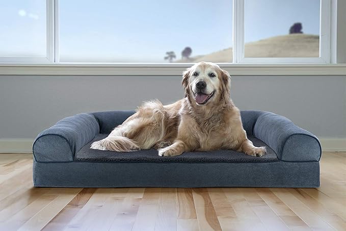 Furhaven Cooling Gel Dog Bed for Large Dogs w/ Removable Bolsters &amp; Washable Cover, For Dogs Up to 95 lbs - Sherpa &amp; Chenille Sofa - Orion Blue, Jumbo/XL