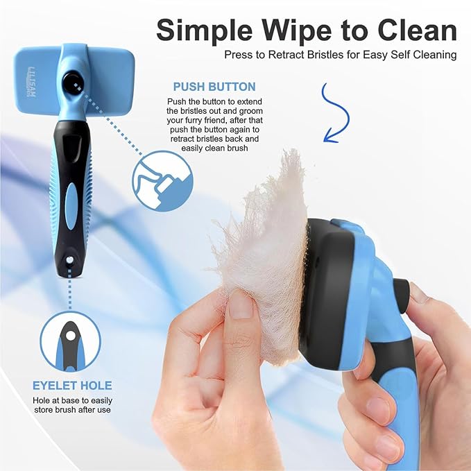 Pet Self Cleaning Slicker Brush and Grooming Comb - Gently Removes Loose Hair, Tangles, and Dirt - Skin Friendly Deshedding Grooming Tool for Hair Dogs &amp; Cats - Pet Supplies Accessories (Blue)
