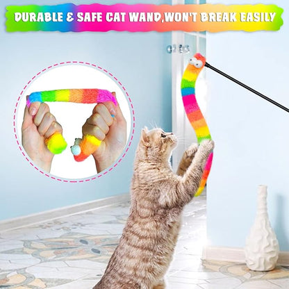 3 Pack Cat Wand Toy, Rainbow Cat Feather Toys with Bells, Teaser Wand with Soft Furry Tail, Interactive Toys for Indoor Cats &amp; Kitten &amp; Kitty