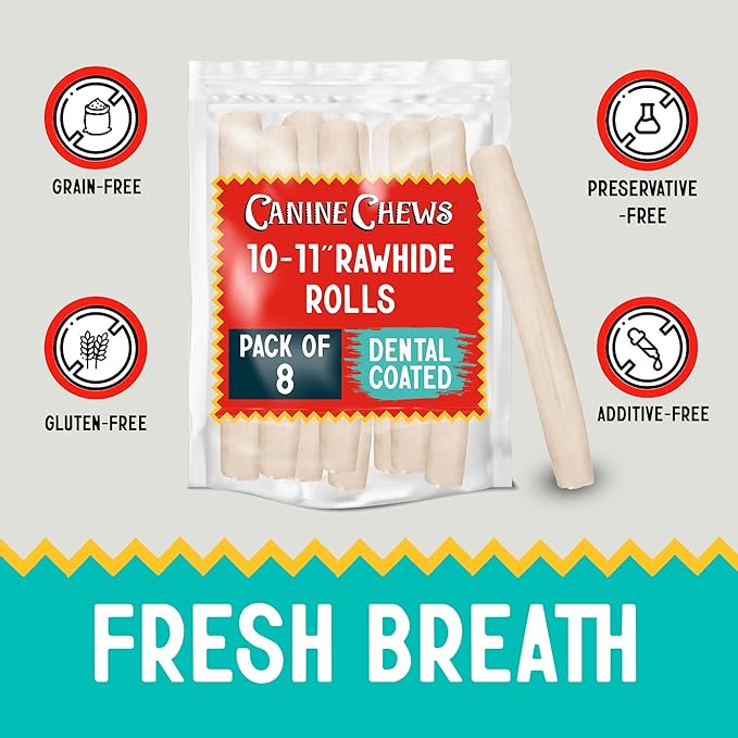 Canine Chews 10-11" Dental Coated Jumbo Rawhide Retriever Rolls (8 Pack) - Breath Freshening &amp; Long Lasting Dental Chews for Dogs Large Size - Teeth Cleaning Dog Treats for Aggressive Chewers