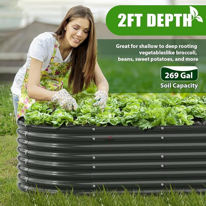 A ANLEOLIFE 6X3X2 ft Galvanized Raised Garden Beds Outdoor, Oval Large Metal Deep Root Planter Box for Planting Vegetables Flowers Herb, Anti-Rust &amp; Easy-Setup, Quartz Grey