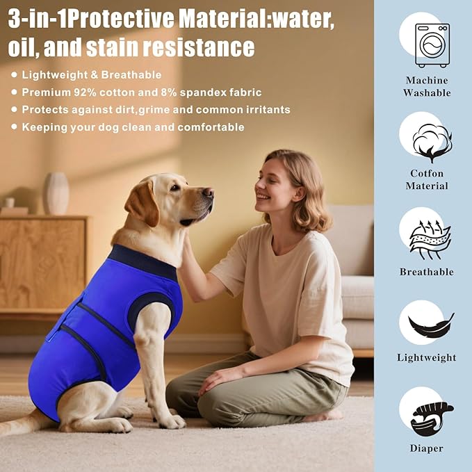 Idepet Dog Recovery Suit Female,Dogs Onesie Suit Surgery Male Breathable Pet Bodysuit for Spay Neuter E-Collar &amp; Cone Alternative Surgical Suit Puppy Abdominal Anti Licking Wounds Shirt (Blue, XXL)