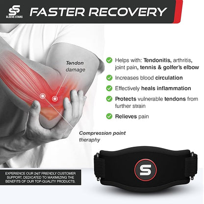 Sleeve Stars Tennis Elbow Brace for Women - Adjustable Tennis Elbow Strap, Golfers Elbow Brace for Men, Counterforce Brace for Tennis Elbow for Tendonitis Relief, Fits 9"-23" (Pair/Black)