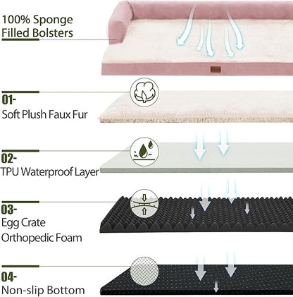 Orthopedic Dog Beds for Large Dogs, Waterproof Dog Beds, Memory Foam Dogs Couch Beds, Comfy Bolster Pet Beds with Removable Washable Cover, Nonskid Bottom (Large,Pink)