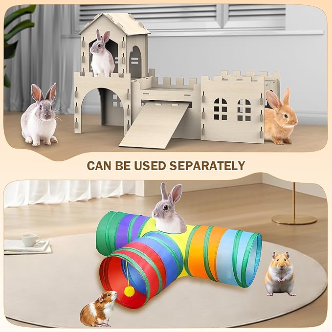 Large Bunny House and Hideouts, Wooden Dual-Layer Rabbit Castle with Stair, Rubber Band-Free Setup - Chew-Proof, Sturdy Habitat for Guinea Pig Chinchilla Ferret (Rabbit House with Tunnels &amp; Tubes)