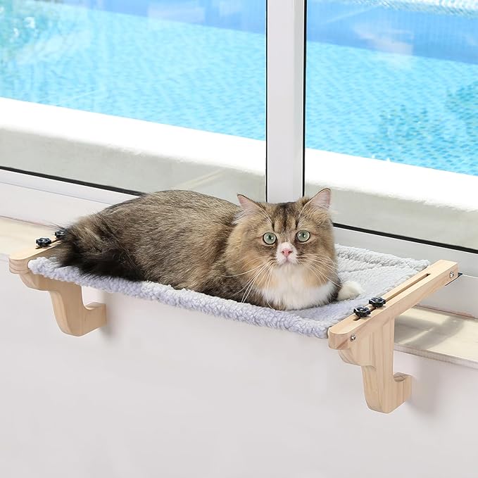 Easy Seat Cat Perch for Window Sill - Hammock Design w/Pine Wood &amp; Robust Metal Frame - Cat Window Seat for Large Cats and Kittens (Natural Color Wood w/Gray Bed, Medium (23&