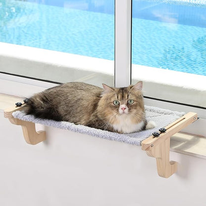 Easy Seat Cat Perch for Window Sill - Hammock Design w/Pine Wood &amp; Robust Metal Frame - Cat Window Seat for Large Cats and Kittens (Natural Color Wood w/Gray Bed, Medium (23&