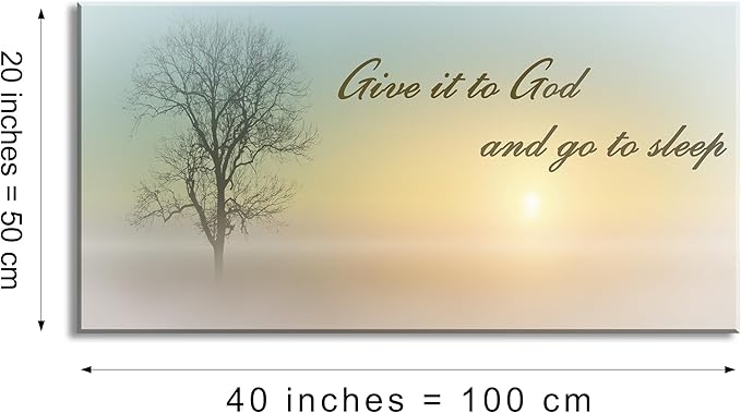 Lasdel Canvas Wall Art of Misty Sunset &amp; Tree Plant Picture For Bedroom Home Above Bed, White Country Wood Sign For Bathroom, Give It To God &amp; Go to Sleep Artwork Decor, Inner Frame 20x40 Inches