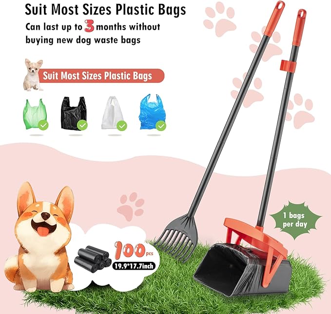 TIMINGILA 36" Pooper Scooper Swivel Bin &amp; Rake with 100 Dog Poop Bags,Adjustable Long Handle for No-Bend Cleanup,Portable Non-Breakable Dog Poop Scooper for Large Medium Small Dogs