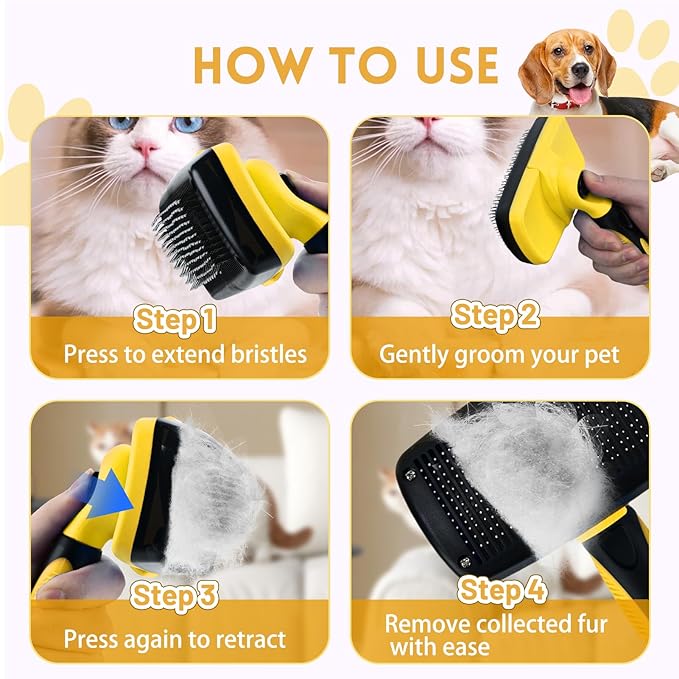 Large Self Cleaning Deshedding Brush for Dogs &amp; Cats - One Button Hair Release Grooming Tool, Gentle Massage Brush for Long and Short Hair (Yellow)