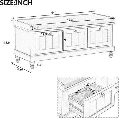 Classic Shoe Storage Bench with Cushion and Three Drawers, Fluted Entryway Bench with Storage for Entryway, Living Room, Hallways 44.0" L x 15.9" W x 18.9" H White