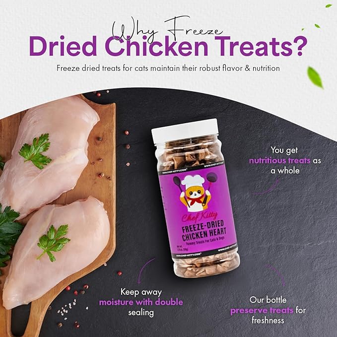 Freeze-Dried Chicken Heart Treats for Cats &amp; Dogs – 100% Human Grade, Single Ingredient, High-Protein, Healthy Snack – No Additives or Preservatives – 1.4oz - Inspected &amp; Tested in USA