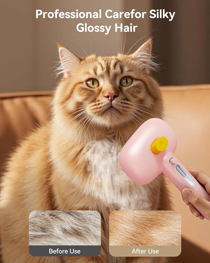 ROJECO 3-in-1 Pet Steam Brush for Cats&amp;Dogs - Detangling Comb with Adjustable Mist, Handheld Deshedding Grooming Tool for Long/Short Hair, Massage Brush &amp; Shedding Control Gift,Cordless,Pink