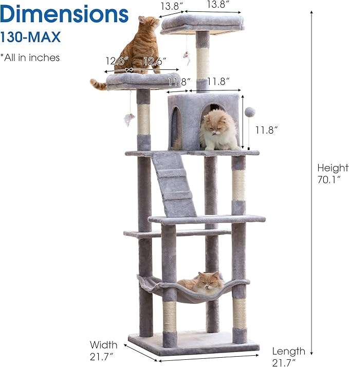 MWPO 70.1-Inch Large Cat Tree, Multi-Level Tall Cat Tower for Indoor Cats, Plush Cat Condo with Big Padded Perches, Sisal-Covered Scratching Posts, Hammock, Toys for Kittens &amp; Cats - Light Grey