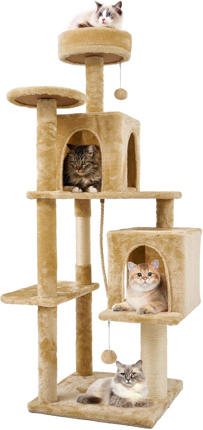 59in Large Cat Tree Tower for Indoor Cats with Soft Plush Hang Ball, Two Condos, Sisal Scratch Posts &amp; Rope Play for Kittens/Adult Cats, New Beige