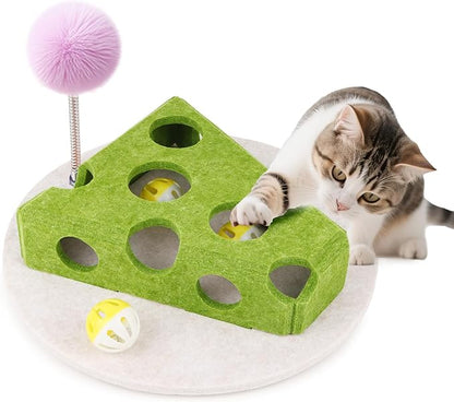 Interactive Cat Puzzle Toy for Indoor Cats &amp; Kittens - Fun Track Balls &amp; Spring Teaser in Stimulating Felt Puzzle Box (Green) - Mental Enrichment Game