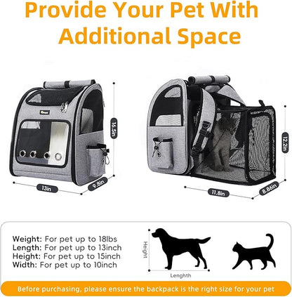 Hoopet Expandable Cat Backpack Carrier – Breathable Pet Carrier for Small Cats &amp; Dogs, Foldable Travel Backpack with Mesh Ventilation for Hiking, Walking, Camping, Light Grey