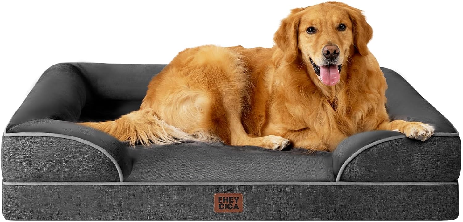 EHEYCIGA Orthopedic Dog Beds for Extra Large Dogs 44x32Inch, Waterproof Memory Foam XL Pet Bed with Sides, Non-Slip and Egg-Crate Foam Big Dog Couch Bed with Washable Removable Cover, Grey