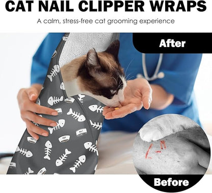 27.6" Cat Grooming Wrap, Self Adhesive Cat Wrap for Cutting Nails, Anti-Escape Calming Cat Swaddle Wrap for Medicine Ear Cleaning, Anti-Scratch Cats Burrito Restraint Blanket, Practical Pet Tool Grey