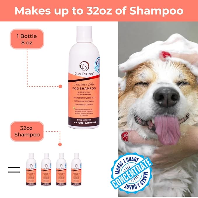 COAT DEFENSE Sensitive Dogs Shampoo | Made in USA | All-Natural Hypoallergenic - Soothes and Relieves Itchy &amp; Dry Skin | 8 Ounces Concentrated Makes 32 Ounces